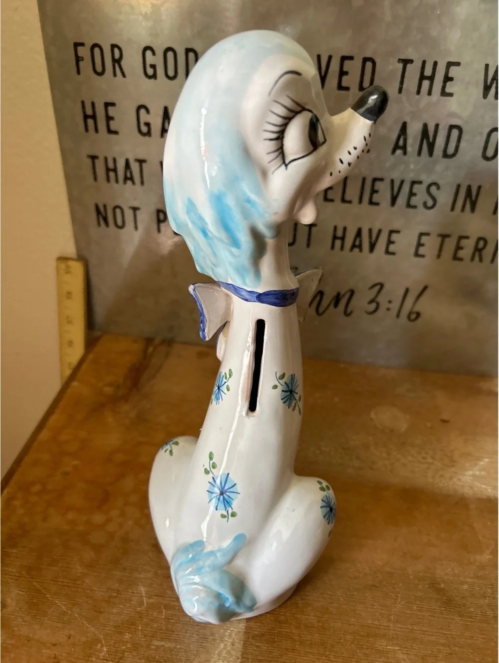 Vintage Ceramic Poodle Figurine with Blue Bow and Floral Details